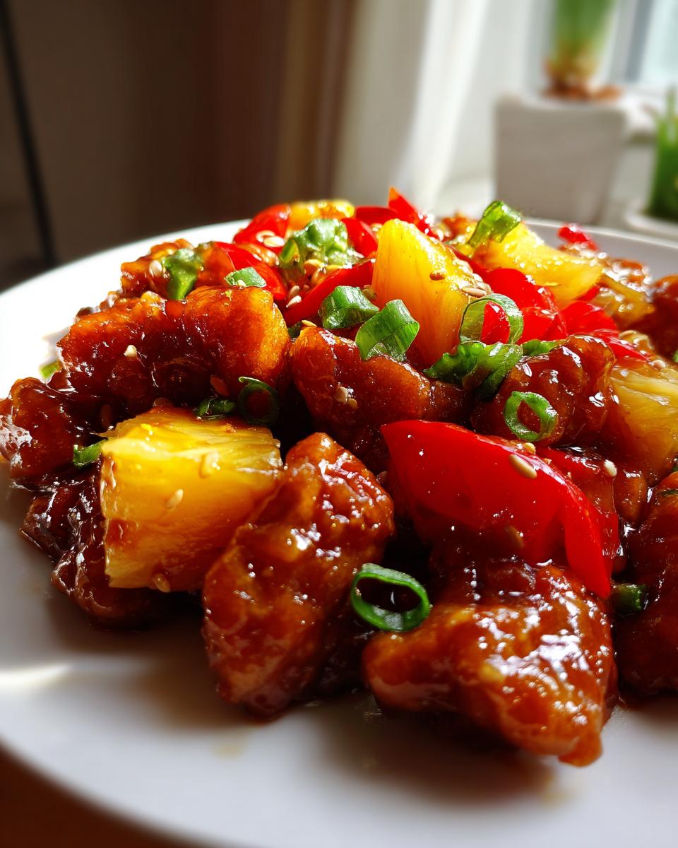 A close-up of glistening teriyaki chicken with pineapple chunks, red bell peppers, and green onions.