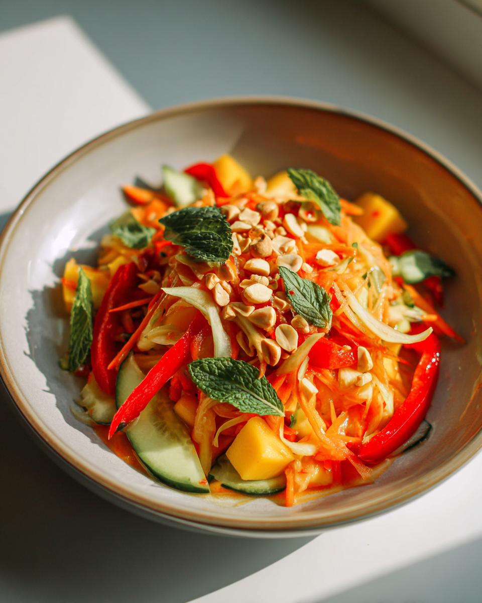 A vibrant bowl of Thai mango salad featuring mango chunks, cucumber, red pepper, shredded carrots, peanuts, and mint leaves.