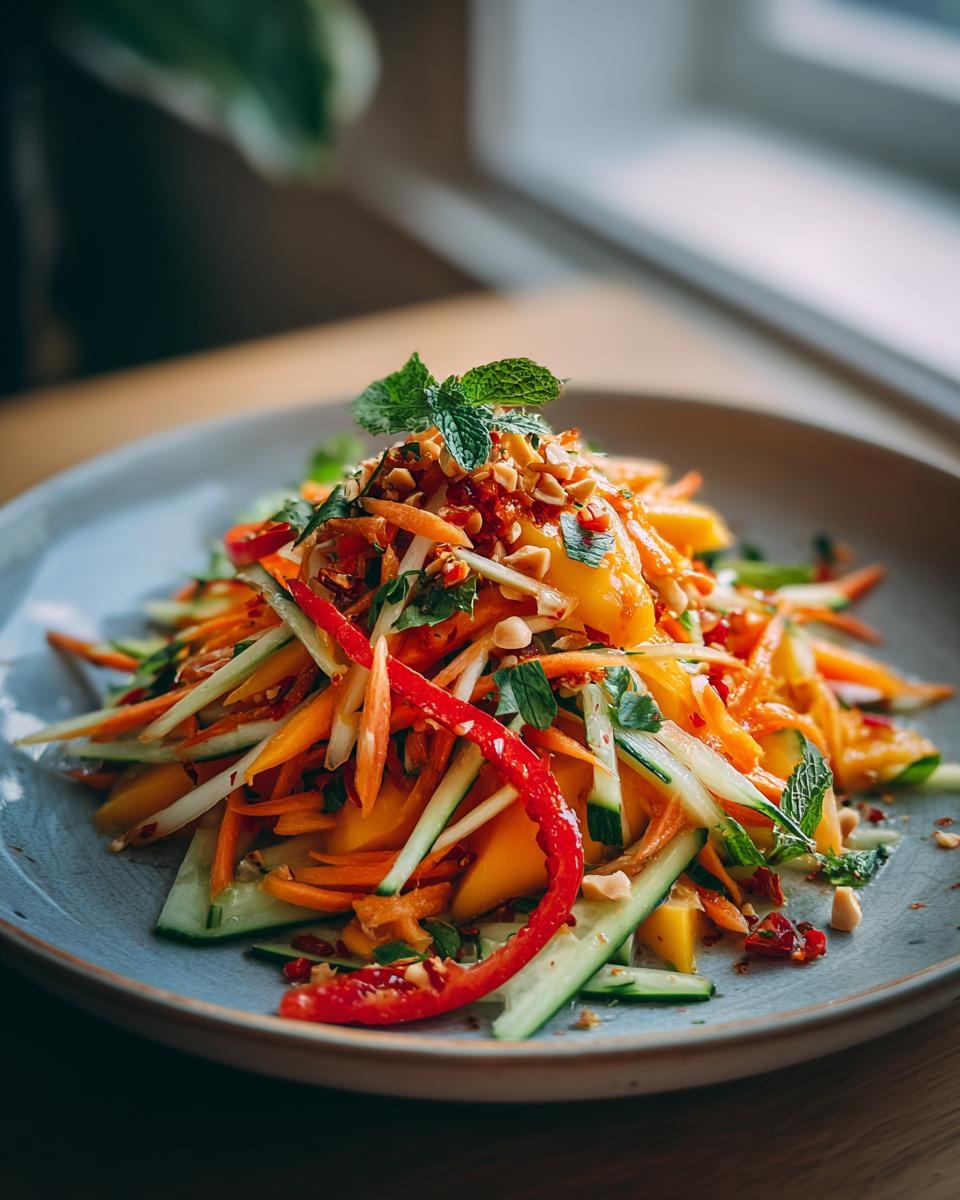 A vibrant Thai mango salad featuring julienned mango, cucumber, carrots, red chili, and mint, topped with crushed peanuts.