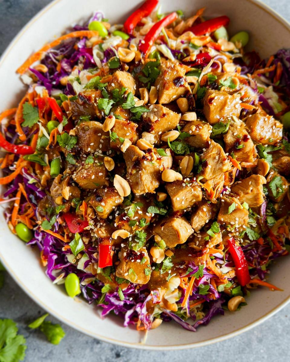 A vibrant Thai Peanut Asian Chicken Crunch Salad in a bowl, topped with chicken, peanuts, and sesame seeds.