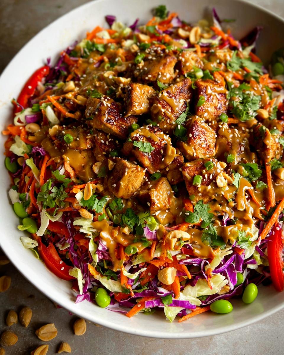 Close-up of a vibrant Thai Peanut Asian Chicken Crunch Salad with chicken, shredded vegetables, and peanut dressing.