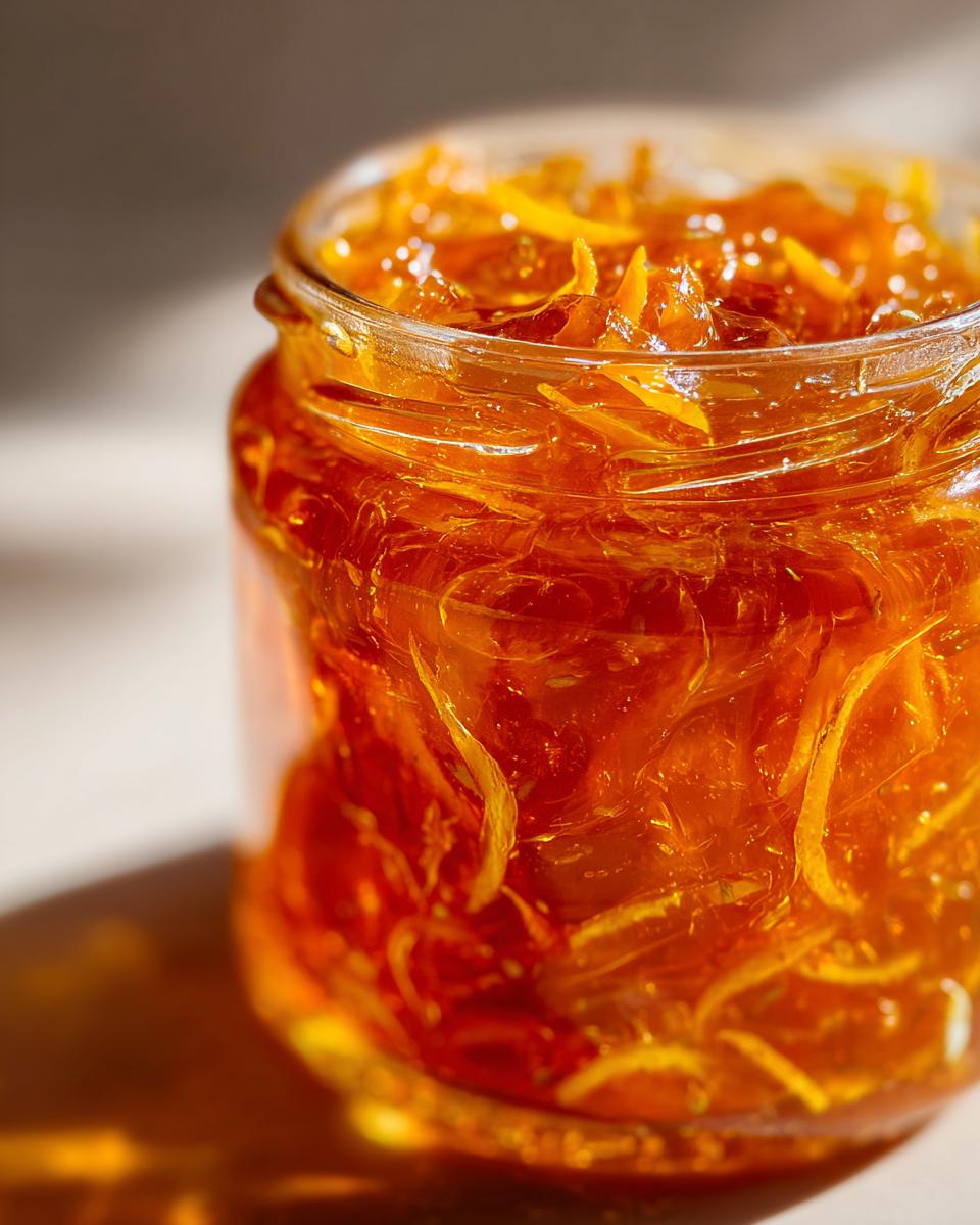 Close-up of a jar filled with glistening Three Fruit Marmalade Inspired by Mary Berry, showing citrus peel strands.