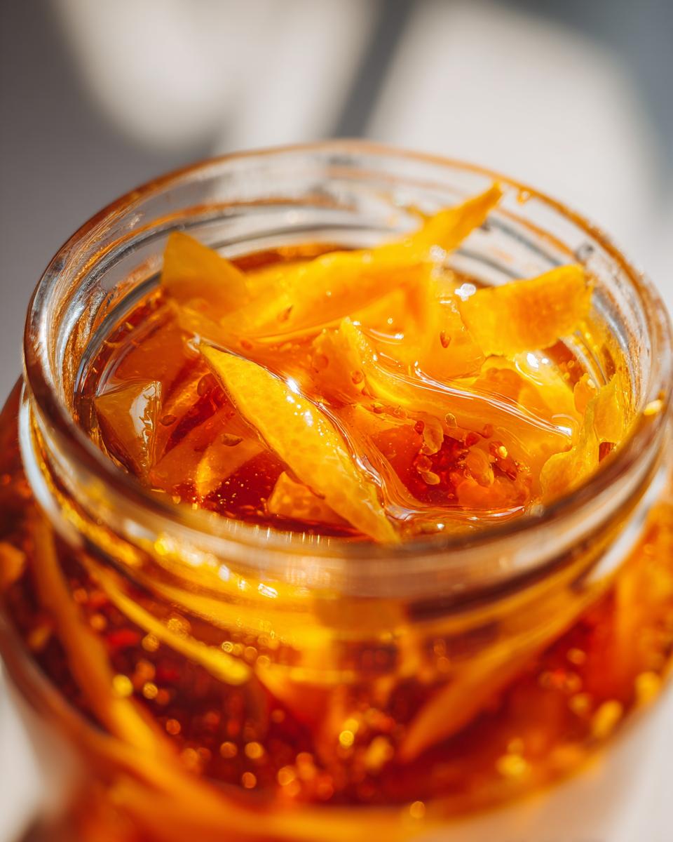 Close-up of a glass jar filled with glistening Three Fruit Marmalade, showcasing citrus peel.