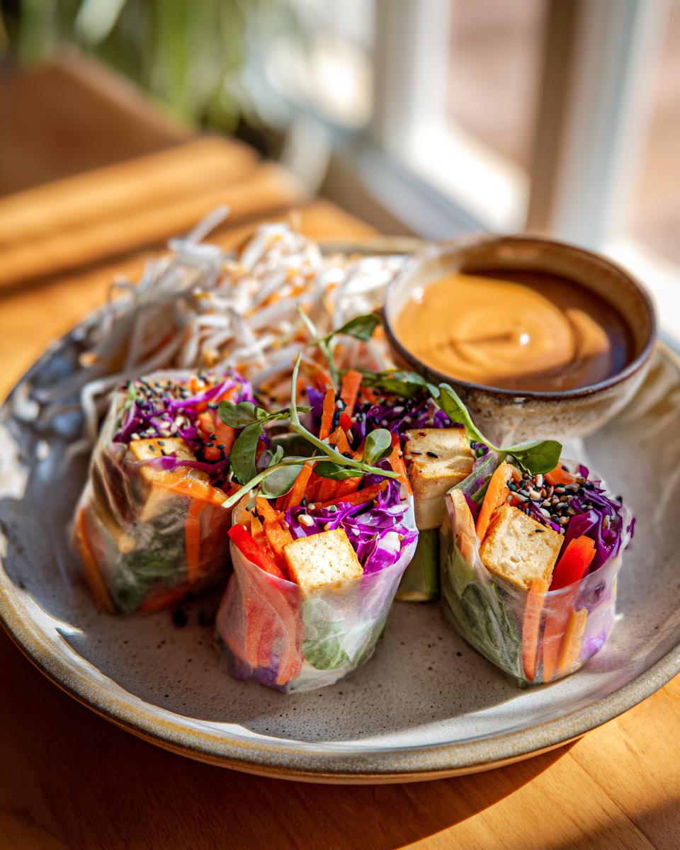 Close-up of fresh tofu veggie spring rolls filled with colorful vegetables and served with peanut dipping sauce.