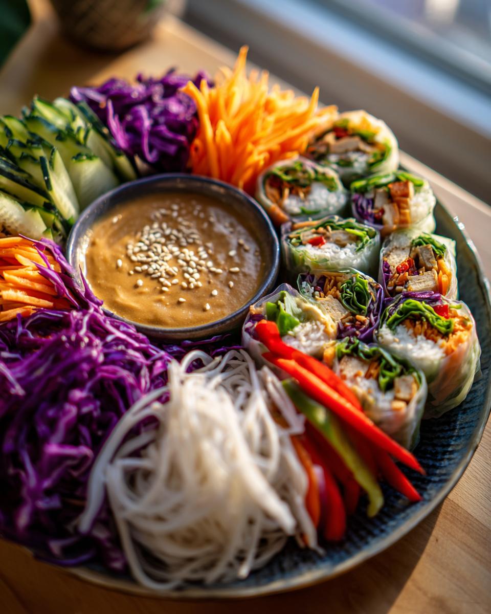 A vibrant platter of fresh tofu veggie spring rolls served with a creamy peanut dipping sauce and an assortment of fresh vegetables.