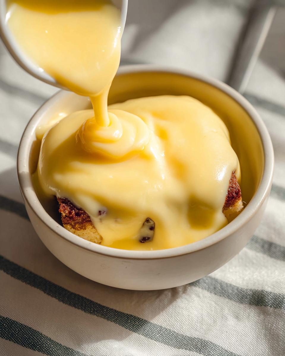 Close-up of smooth vanilla custard being poured over a piece of cake in a bowl, inspired by Mary Berry.