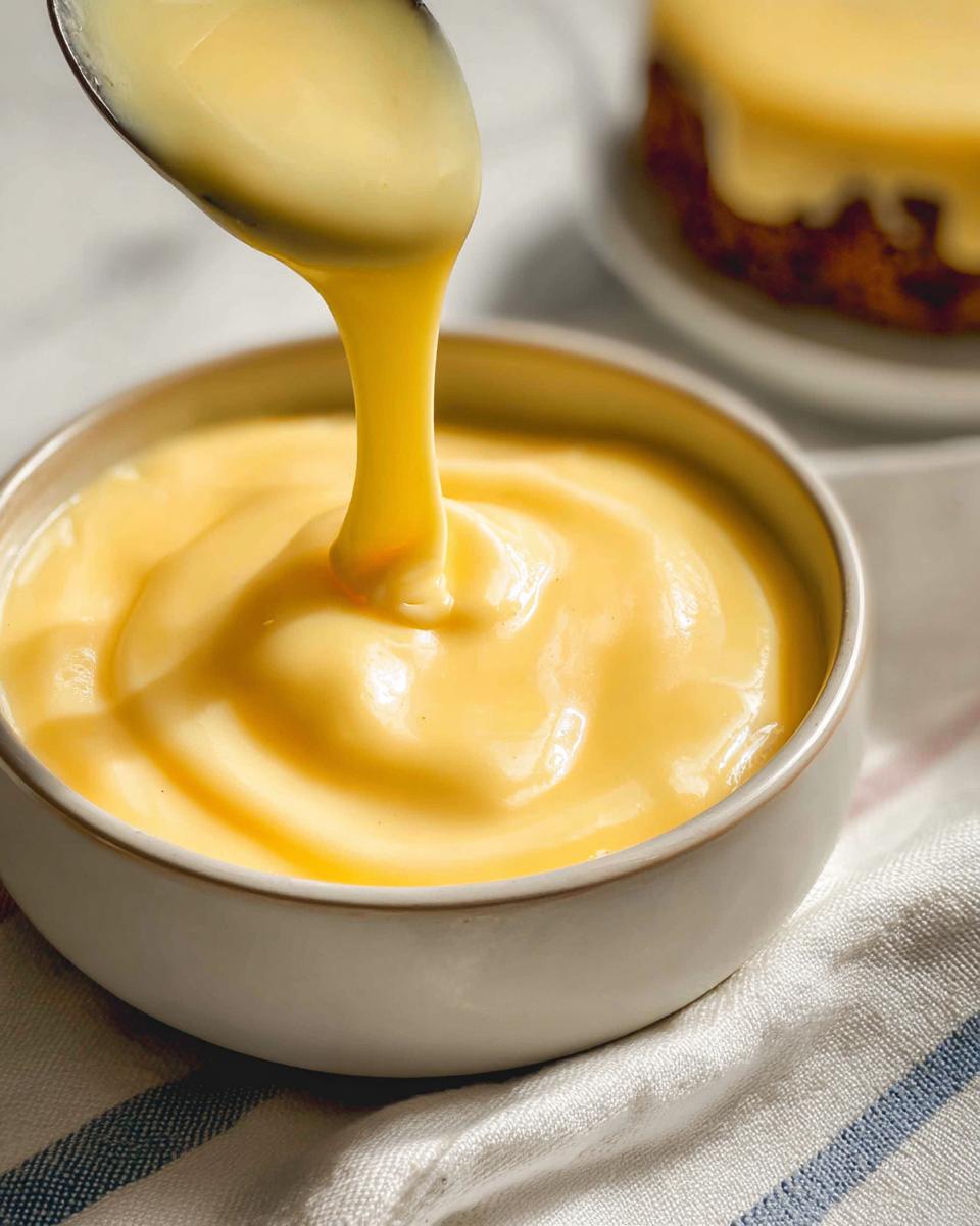 A spoonful of rich, smooth vanilla custard is poured into a bowl, inspired by Mary Berry's recipe.