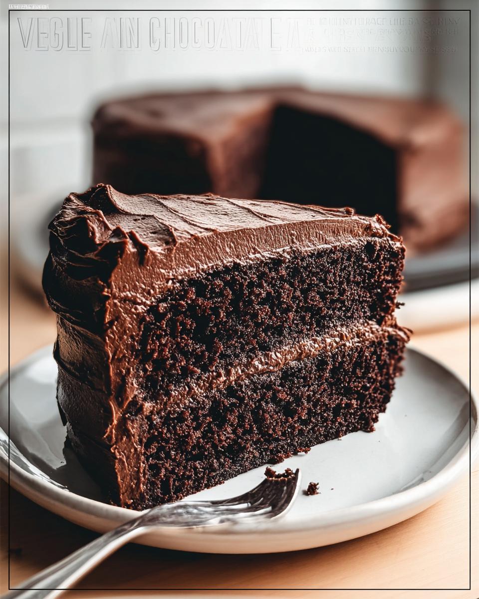 A rich slice of Vegan Chocolate Cake inspired by Nigella Lawson, with thick chocolate frosting and a fork on a plate.