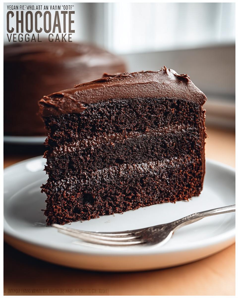A rich slice of vegan chocolate cake, inspired by Nigella Lawson, with thick layers of moist cake and smooth chocolate frosting.