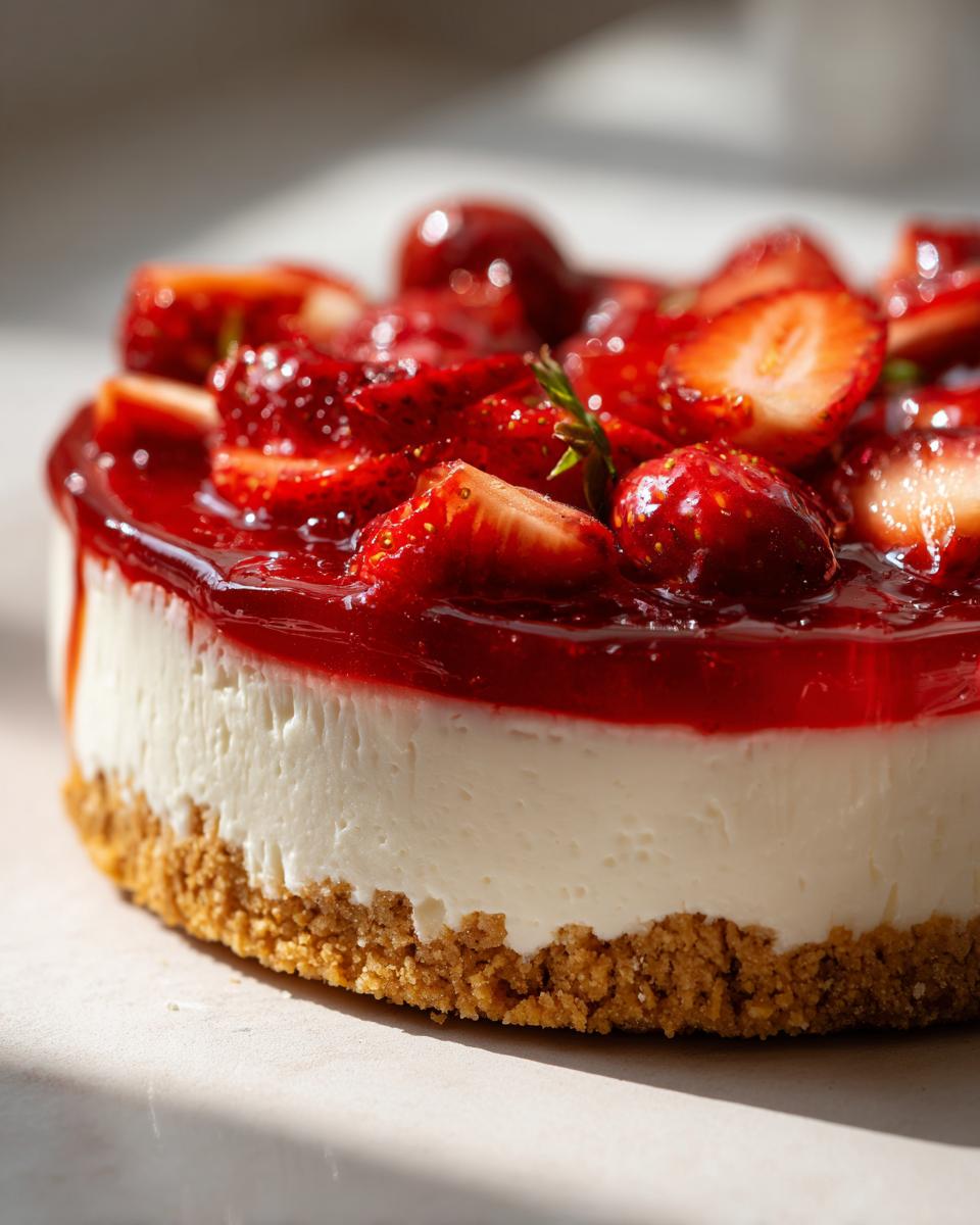 A close-up of a vegan strawberry cheesecake, topped with fresh strawberries and strawberry jelly.