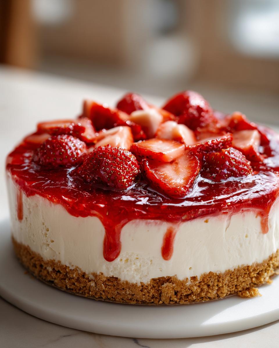 A whole Vegan Strawberry Cheesecake topped with fresh strawberries and strawberry sauce, inspired by Nigella.