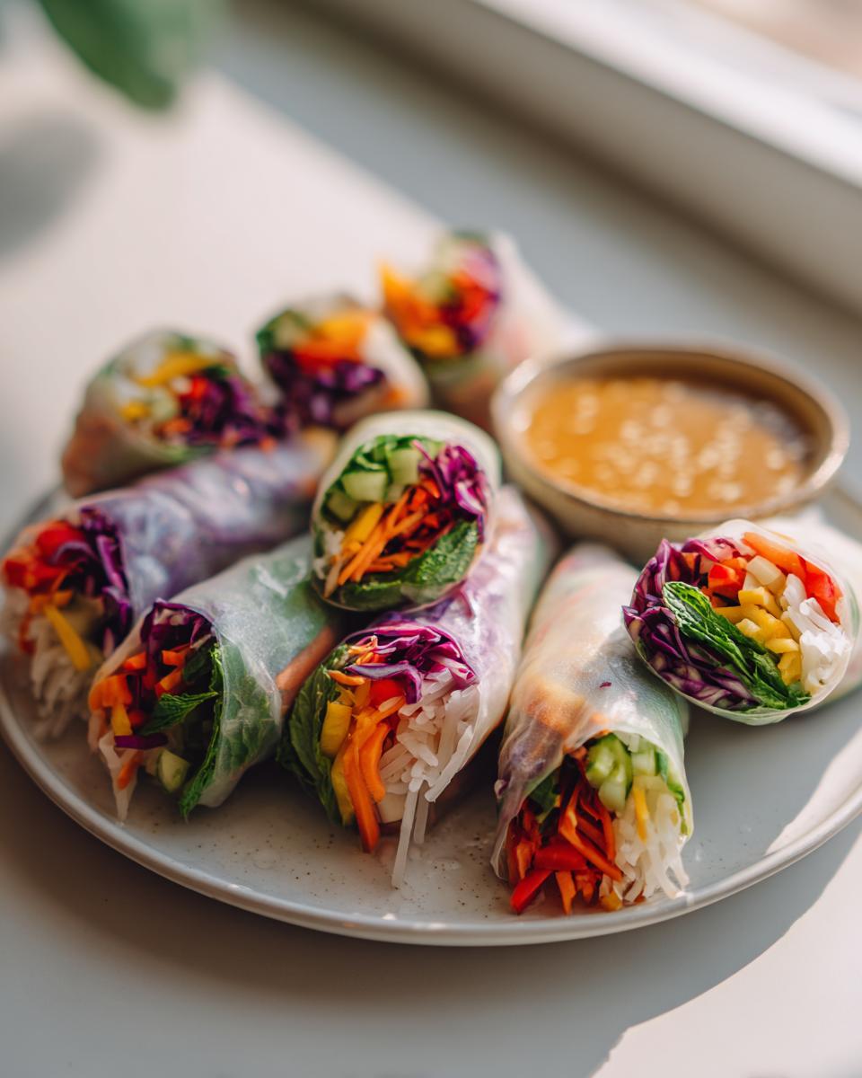 A plate of fresh vegetable spring rolls filled with vibrant shredded carrots, purple cabbage, cucumber, and mint, served with peanut dipping sauce.