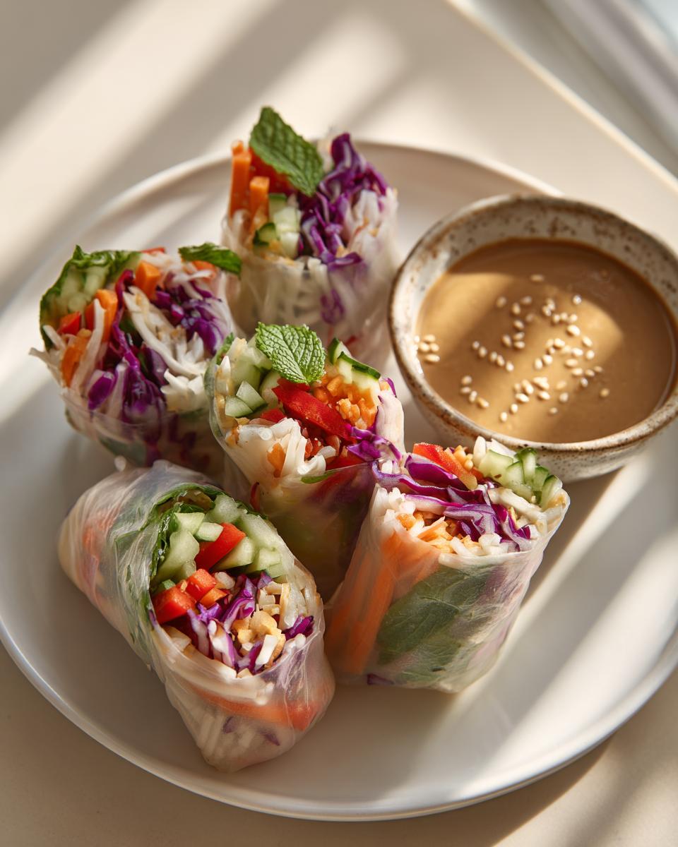 A plate of five colorful vegetable spring rolls filled with carrots, cucumber, red cabbage, and mint, served with a sesame seed sprinkled peanut dipping sauce.