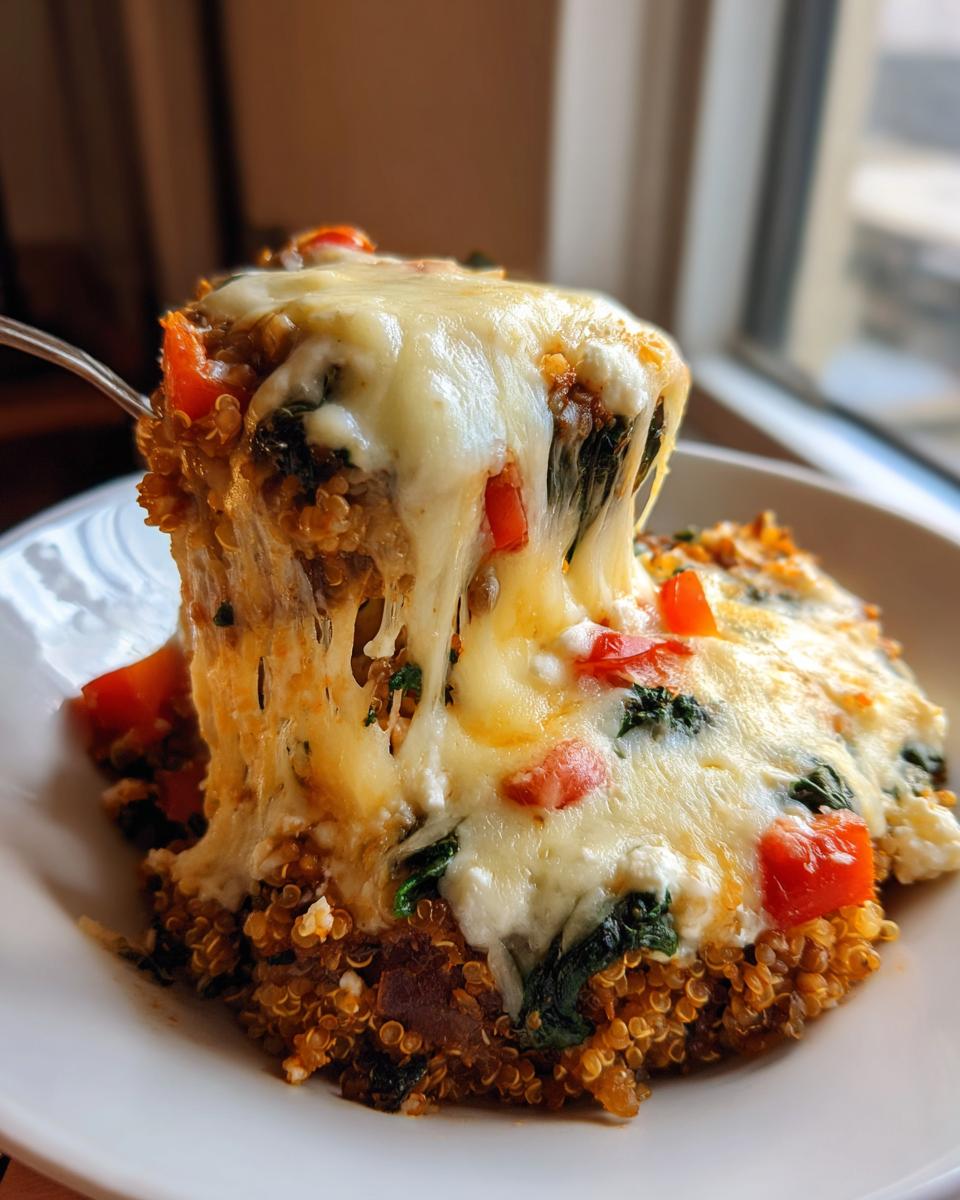 A fork lifts a cheesy, gooey slice of vegetarian quinoa lentil bake, revealing red peppers and spinach.