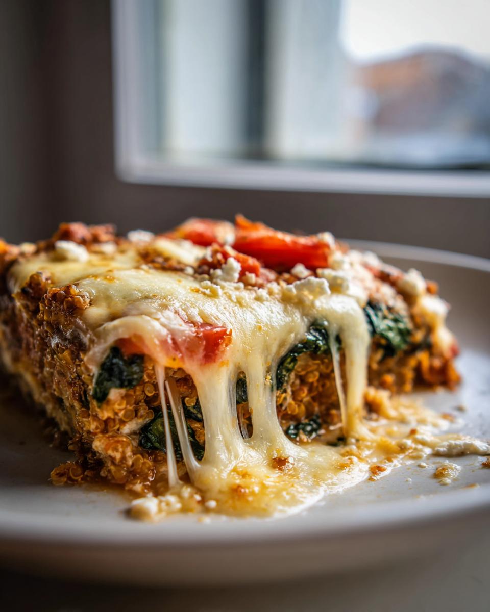 A delicious slice of vegetarian quinoa lentil bake, topped with melted cheese and tomatoes.