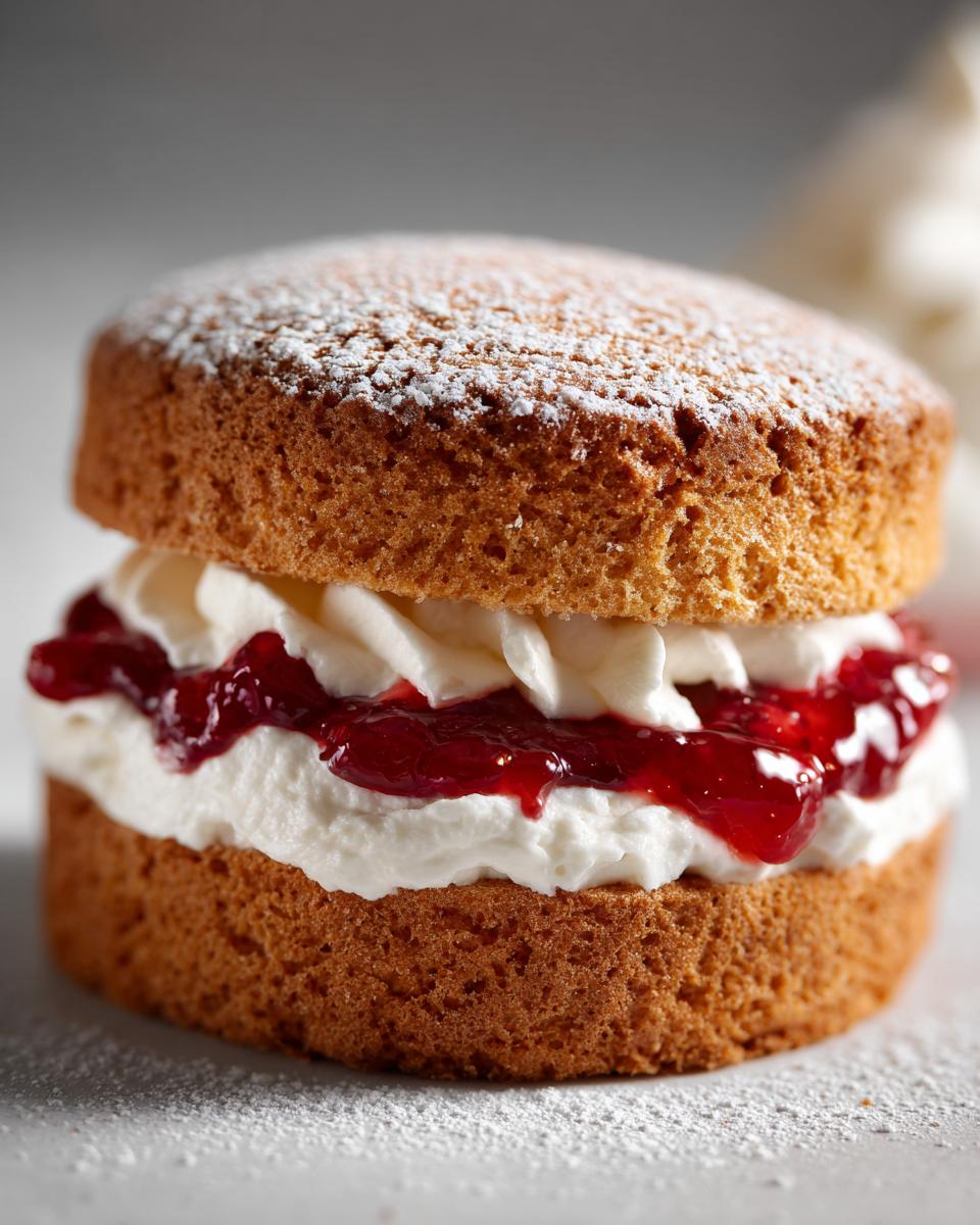 A close-up of a perfect Victoria Sponge Cake, filled with whipped cream and strawberry jam, dusted with icing sugar.