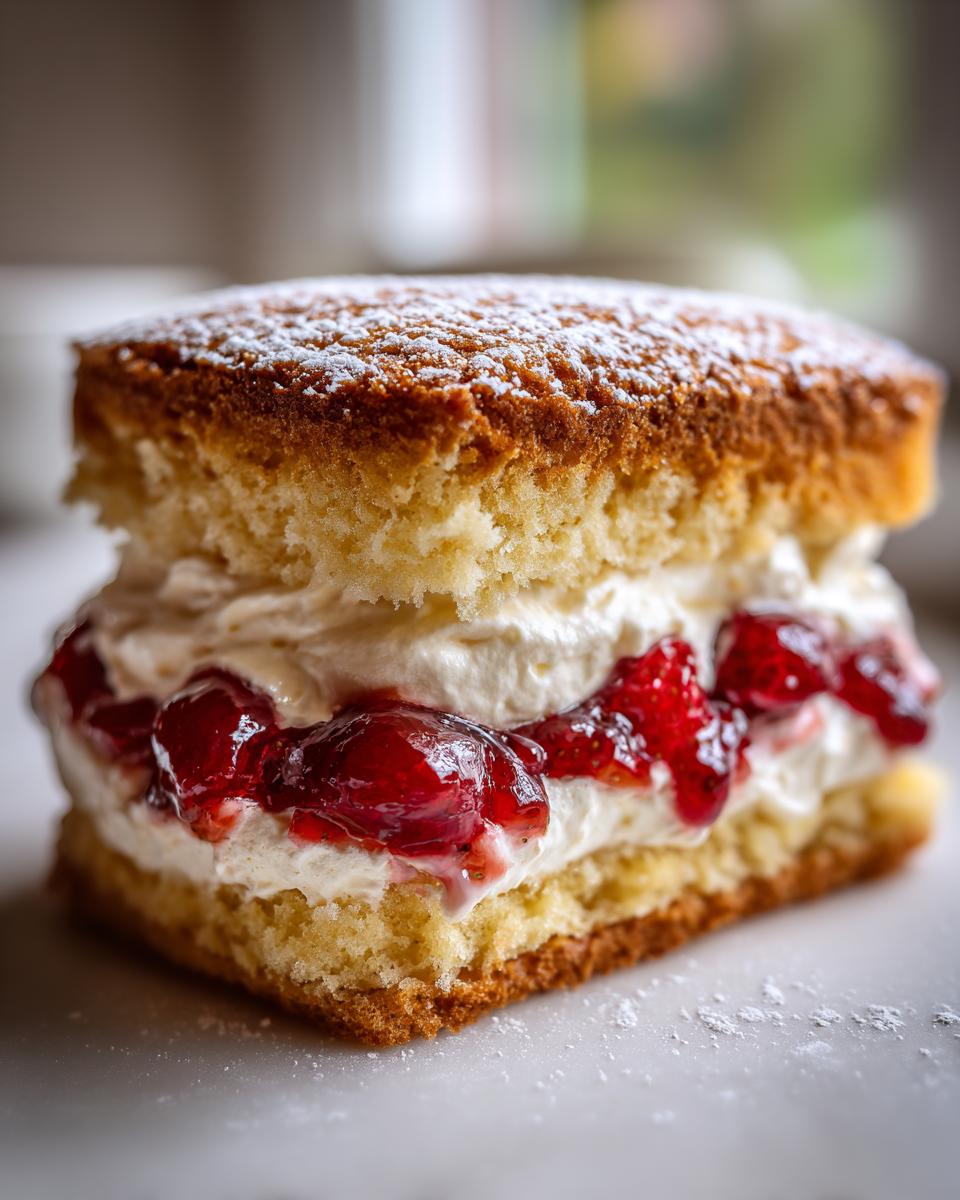 A close-up of a delicious Victoria Sponge Cake slice, filled with whipped cream and strawberry jam, dusted with icing sugar.