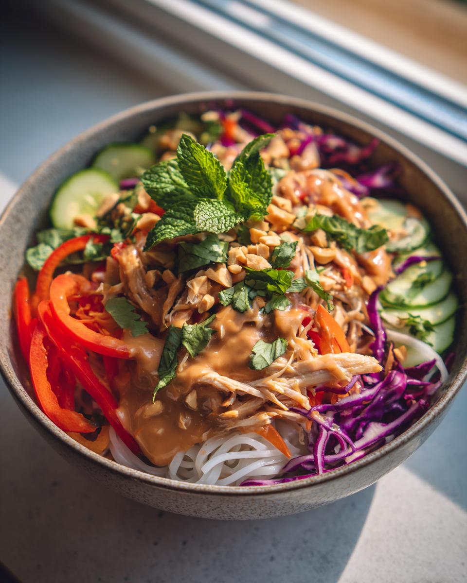 A vibrant bowl of Vietnamese spring roll salad featuring rice noodles, shredded chicken, fresh vegetables, and a creamy peanut sauce.