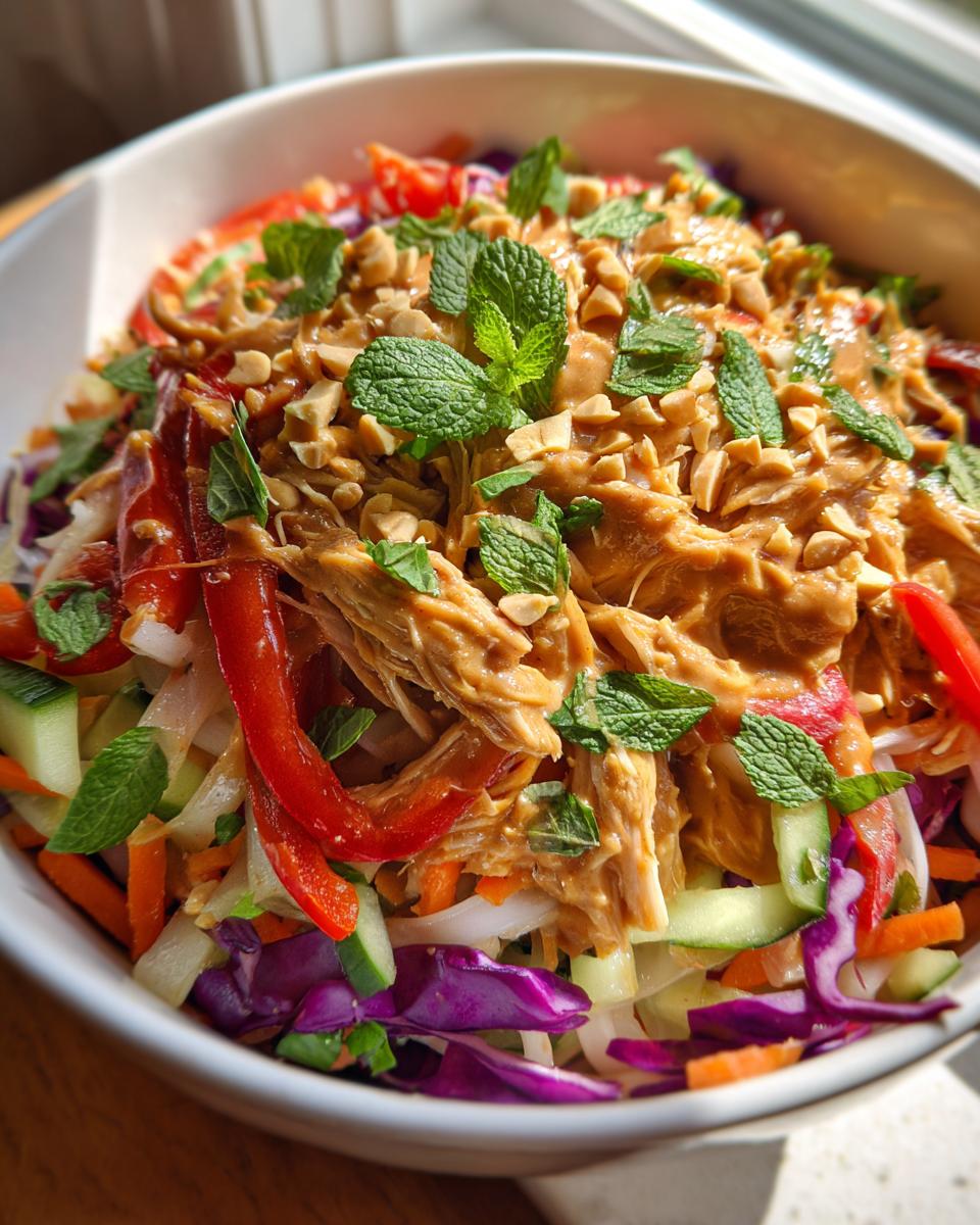 A vibrant Vietnamese spring roll salad topped with shredded chicken, peanut dressing, mint, and crushed peanuts.