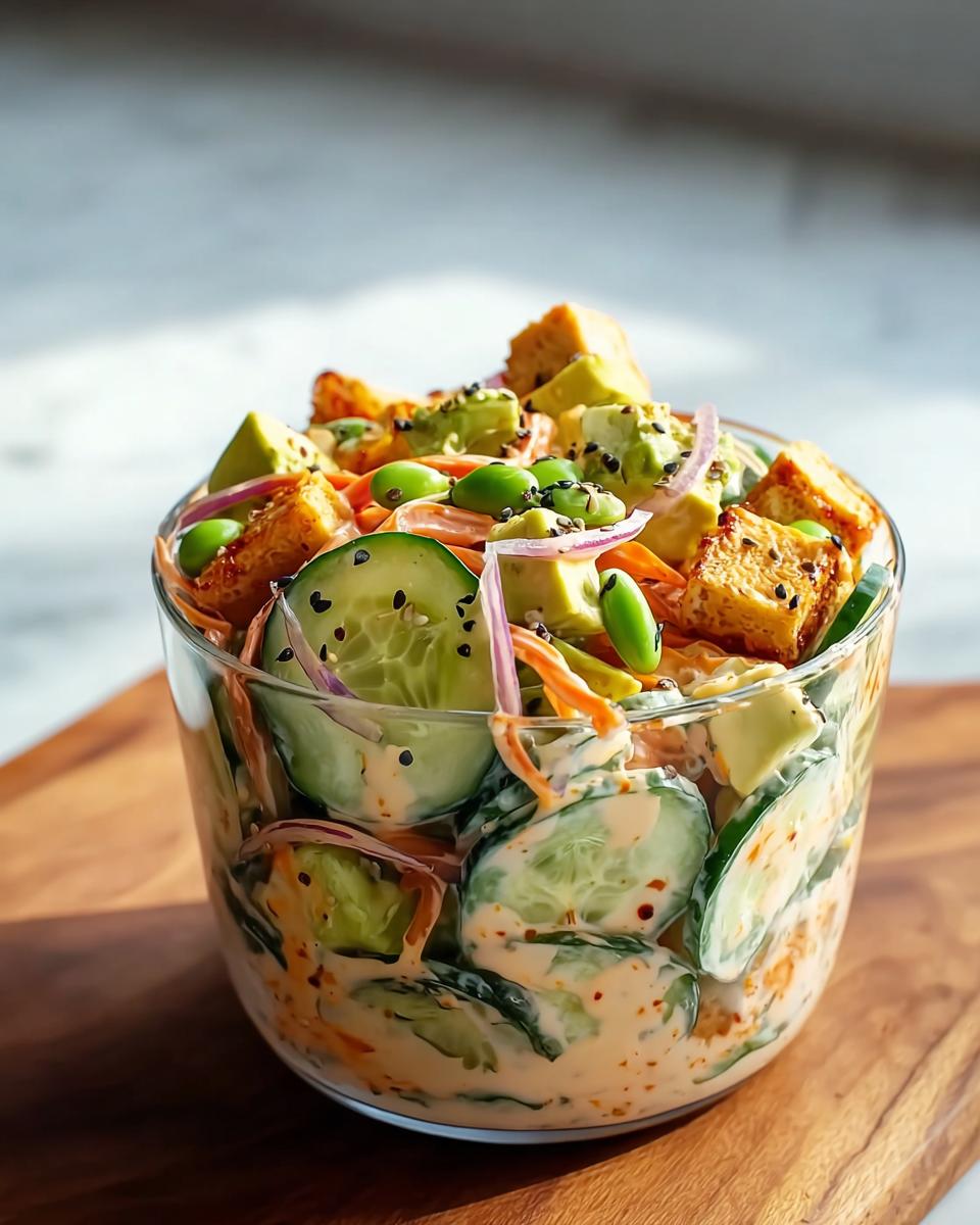 A close-up of a glass bowl filled with Viral Creamy Asian Cucumber Salad, featuring sliced cucumbers, avocado, edamame, crispy tofu, and red onion.