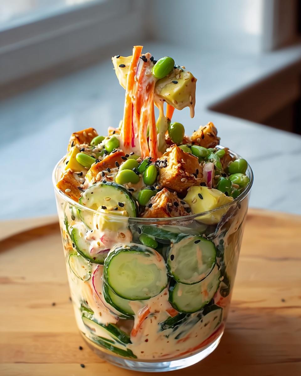 A close-up of a Viral Creamy Asian Cucumber Salad in a glass, featuring cucumbers, edamame, tofu, and carrots coated in a creamy dressing.