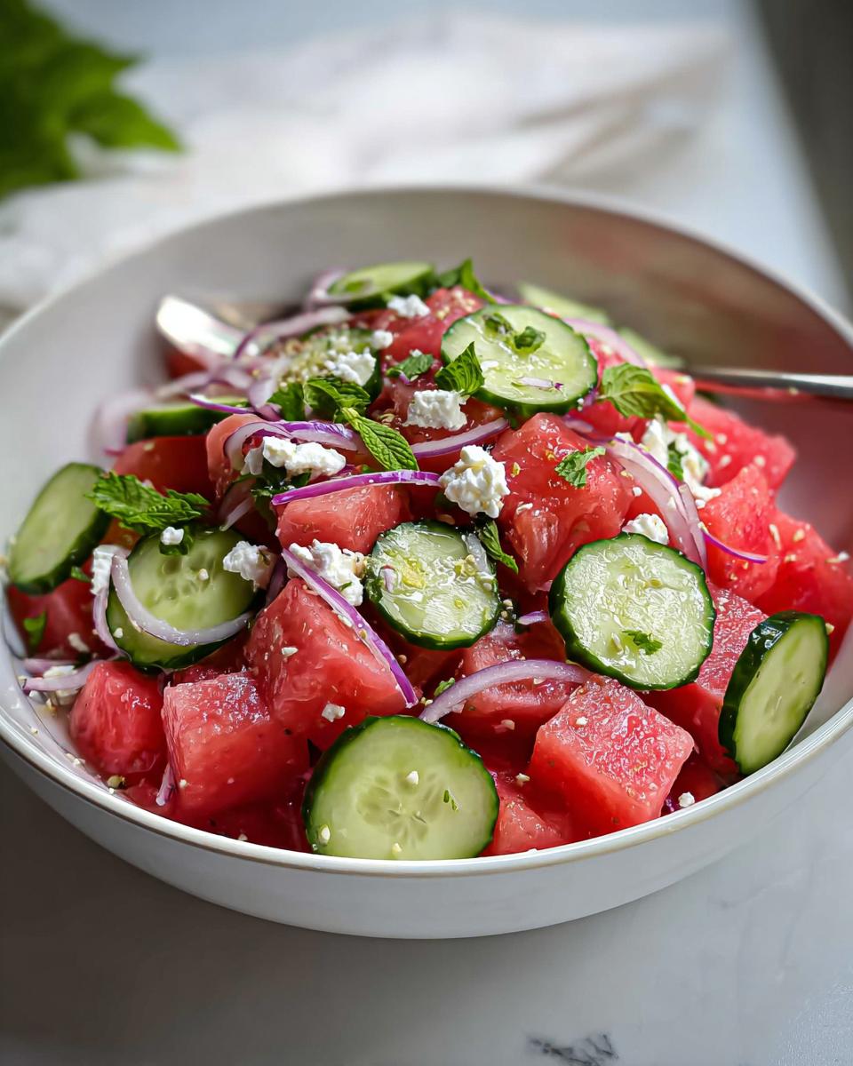 A close-up of a bowl of Watermelon Feta Salad with cucumber slices, red onion, and fresh mint leaves.