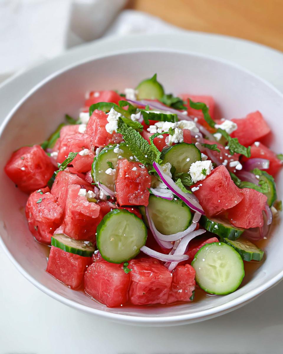 A close-up of a vibrant Watermelon Feta Salad with cucumber, red onion, feta cheese, and fresh mint leaves.