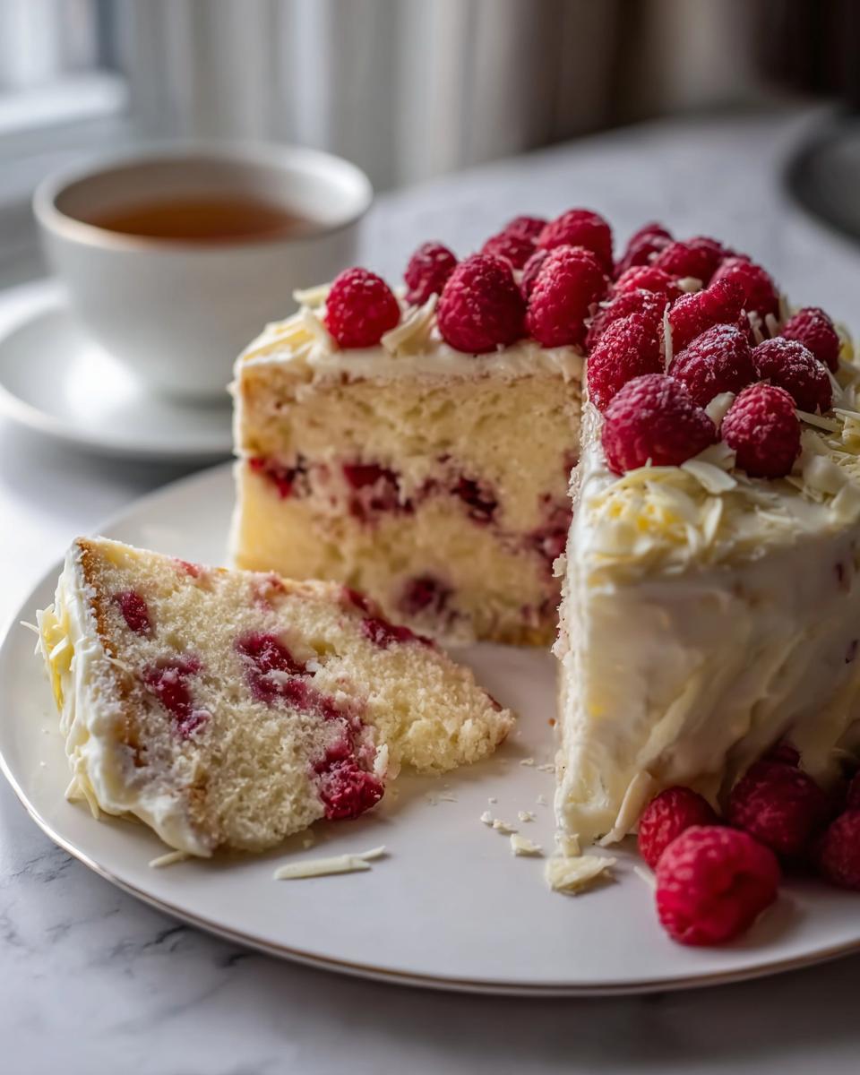 A slice of White Chocolate Raspberry Cake, topped with fresh raspberries and white chocolate shavings, next to the rest of the cake.