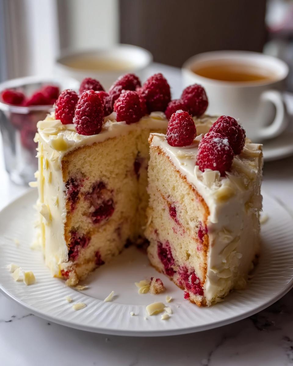 A slice of White Chocolate Raspberry Cake, topped with fresh raspberries and white chocolate shavings.