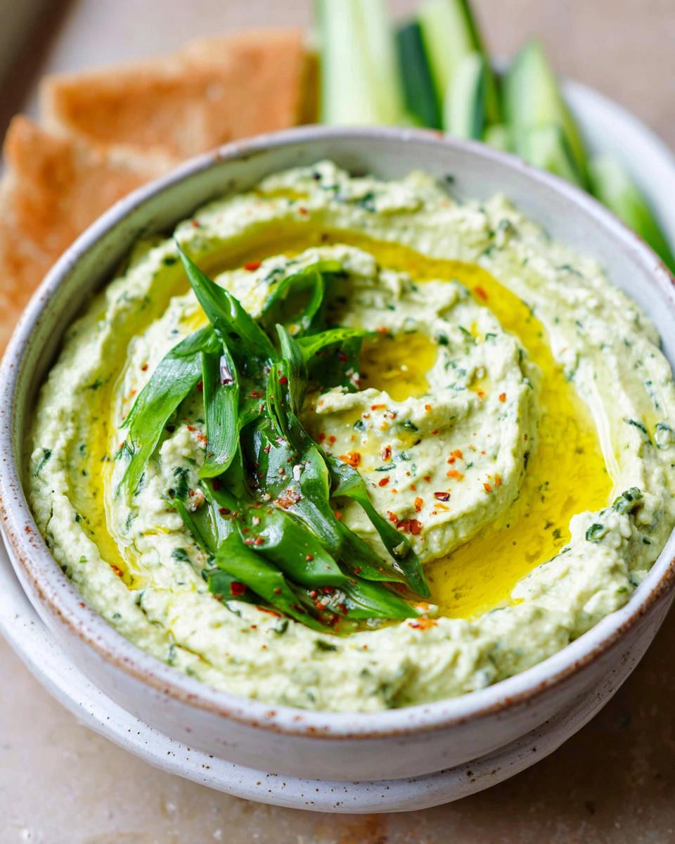 A bowl of creamy Wild Garlic Hummus, drizzled with olive oil and topped with fresh wild garlic leaves and chilli flakes.