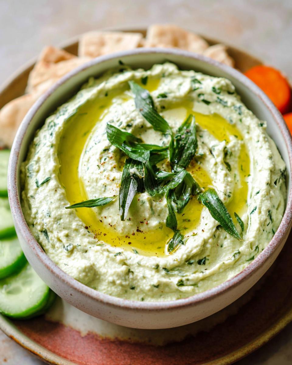 A bowl of creamy Wild Garlic Hummus, drizzled with olive oil and garnished with fresh greens, served with pita bread and cucumber slices.