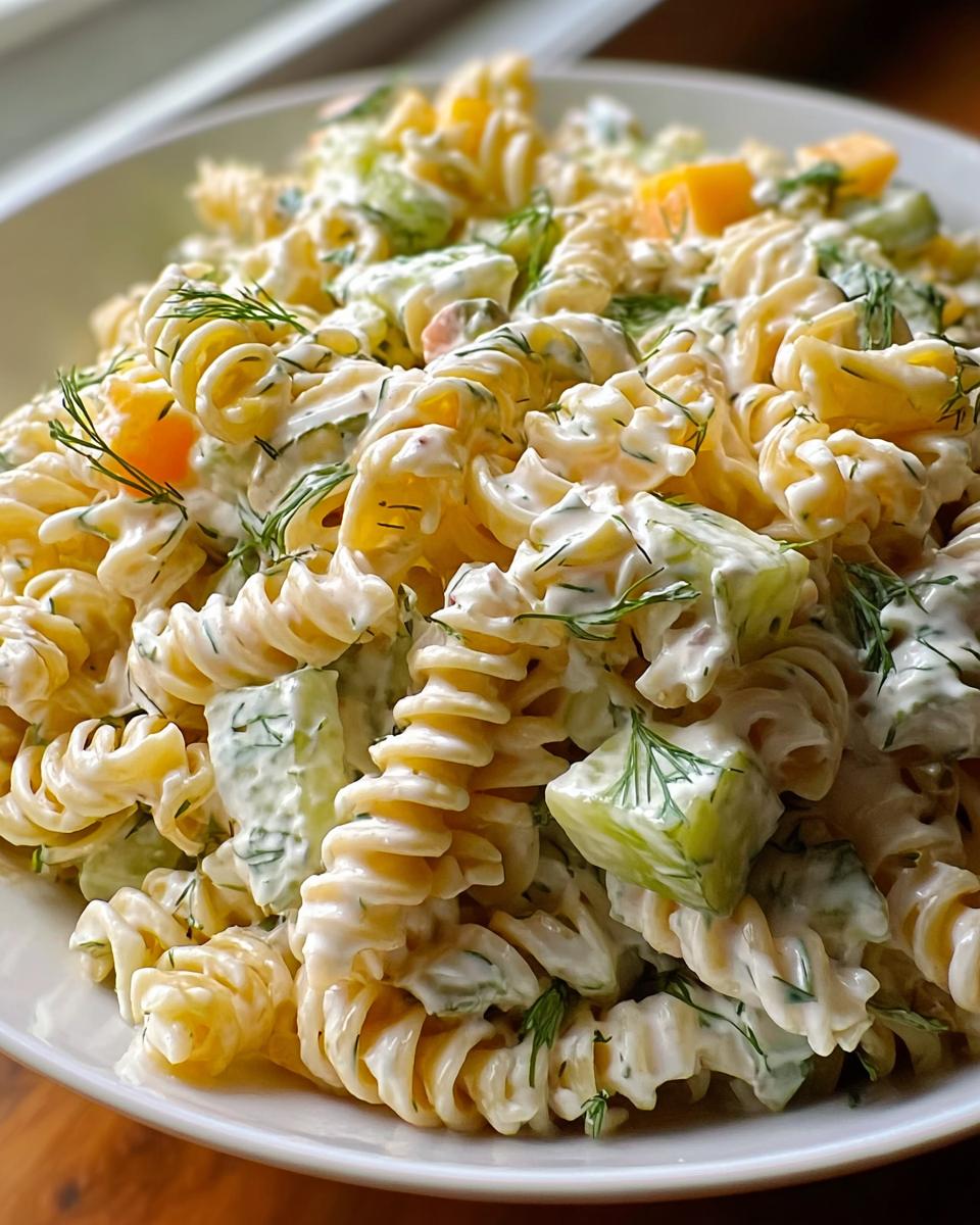 A close-up of Zesty Dill Pickle Pasta Salad featuring rotini pasta, creamy dressing, chopped cucumbers, and fresh dill.