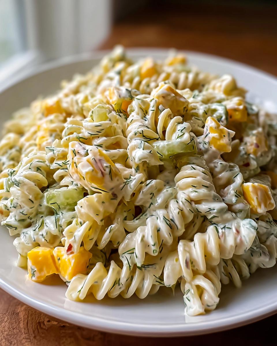 Close-up of a creamy Zesty Dill Pickle Pasta Salad with fusilli pasta, dill, and chunks of cheese.